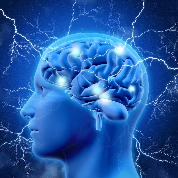 Illustration of a head with a brain and lightning